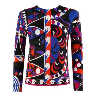 Pre-owned Pucci Emilio  C.1960's Geometric Wave Abstract Signature Print Silk Jersey Top In Black