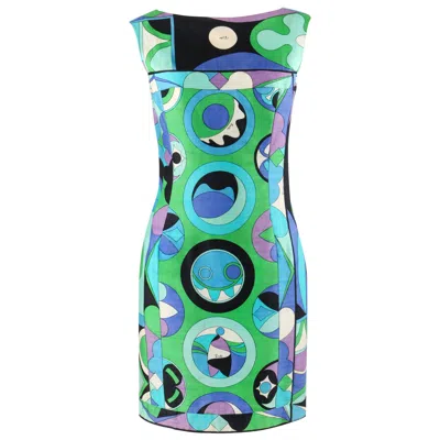 Pre-owned Pucci Emilio  C.1960's Green Blue Op Art Signature Print Sheath Dress