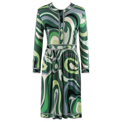 Pre-owned Pucci Emilio  C.1960's Green Signature Op Art Long Sleeve Silk Jersey Shift Dress