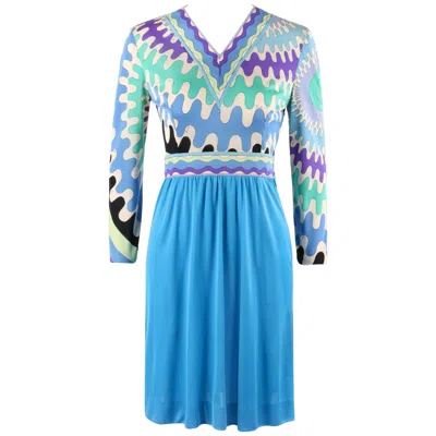 Pre-owned Pucci Emilio  C.1960's Mod Op Art Signature Print Silk Jersey Knit Shift Dress In Blue