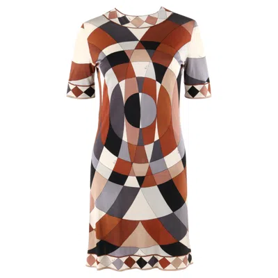 Pre-owned Pucci Emilio  C.1960's Multi-color Op Art Signature Print Silk Jersey Shift Dress In Brown