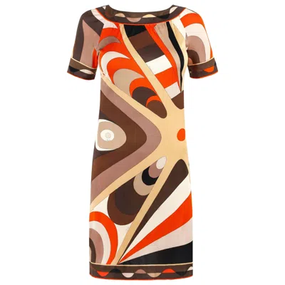 Pre-owned Pucci Emilio  C.1960's Multicolor Op Art Signature Print Silk Shift Dress In Sand