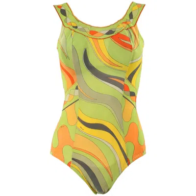Pre-owned Pucci Emilio  C.1960's Op Art Signature Print One Piece Bodysuit Bathing Swimsuit In Yellow