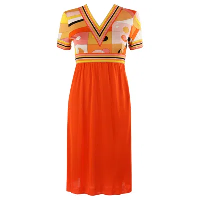 Pre-owned Pucci Emilio  C.1960's Orange Geometric Op Art Signature Print Silk Empire Dress