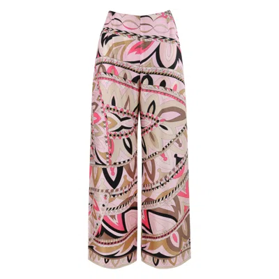 Pre-owned Pucci Emilio  C.1960's Pink Multicolor Silk Op Art Wide Leg Trousers Pants