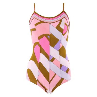 Pre-owned Pucci Emilio  C.1960's Pink Signature Print One-piece Bathing Swimsuit