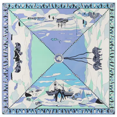 Pre-owned Pucci Emilio  C.1960's “the Antarctican Society” Antarctic Motif Print Silk Scarf In Blue