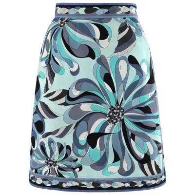 Pre-owned Pucci Emilio  C.1960's Turquoise Floral Op Art Signature Print A-line Skirt In Gray