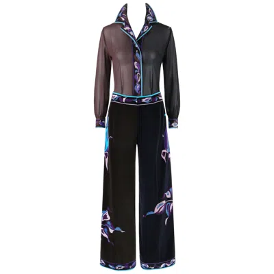 Pre-owned Pucci Emilio  C.1960-70's 2pc Multicolor Rose Silk Velvet Blouse Pant Set In Red