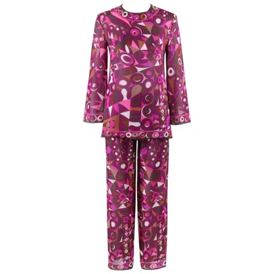 Pre-owned Pucci Emilio  C.1960s 2pc Purple Multicolor Op Art Silk Blouse Pants Set Ensemble