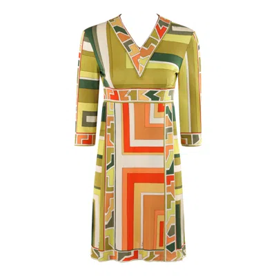 Pre-owned Pucci Emilio  C.1960s Green Multicolor Silk Geometric Print V-neck Pleated Dress