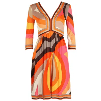 Pre-owned Pucci Emilio  C.1960s Orange Abstract Signature Print Jersey V-neck Dress Size 10