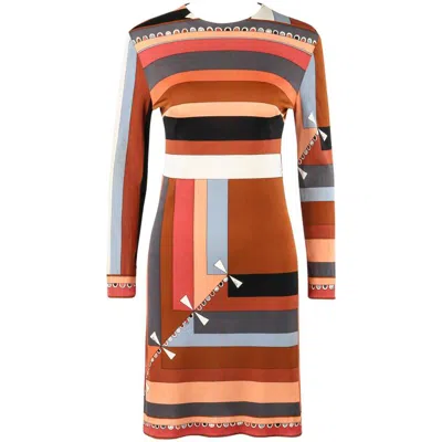 Pre-owned Pucci Emilio  C.1968 "colletti" Print Brown Multicolor Silk Jersey Shift Dress