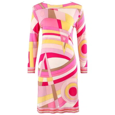 Pre-owned Pucci Emilio  C.1968 Pink Multicolor Op Art Signature Print Silk Shift Dress