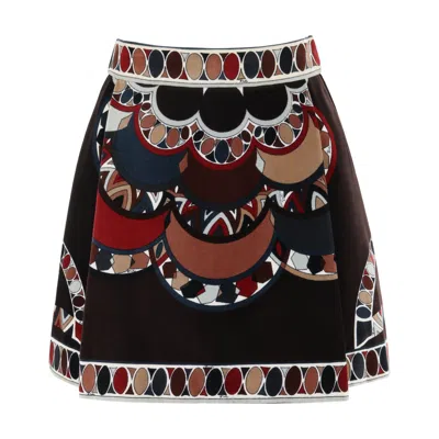 Pre-owned Pucci Emilio  C.1969 Brown Multicolor Print A-line Velvet Pleated Mini Skirt