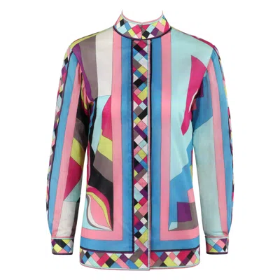 Pre-owned Pucci Emilio  C.1969 Multicolor Geometric Print Collared Button-up Blouse Top In Gray
