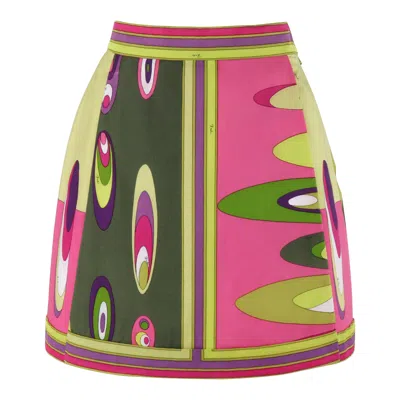 Pre-owned Pucci Emilio  C.1969 Multicolor Signature Print Op Art A-line Pleated Mini Skirt In Brown