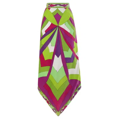 Pre-owned Pucci Emilio  C.1969 Vtg Multicolor Velvet Abstract Print Scarf Hem Maxi Skirt In Green