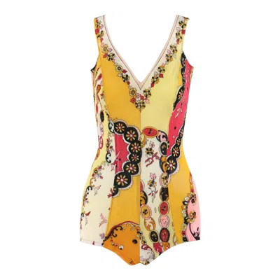 Pre-owned Pucci Emilio  C.1969 Yellow Multicolor Op Art One-piece Bathing Suit Swimsuit