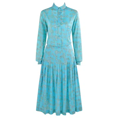 Pre-owned Pucci Emilio  C.1970's Aqua Teal Printed Cotton Shirt & Pleated Skirt Dress Set In Green