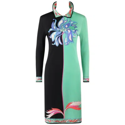 Pre-owned Pucci Emilio  C.1970's Mint Green & Black Colorblock Floral Signature Print Dress