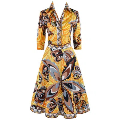 Pre-owned Pucci Emilio  C.1970's Multicolor Floral Butterfly Op Art Print Blouse Skirt Set In Brown