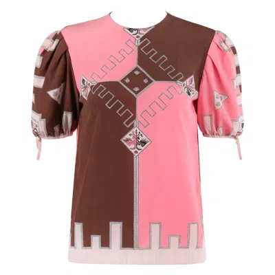 Pre-owned Pucci Emilio  C.1970 Pink Brown Silk Puff Sleeve Colorblock Blouse