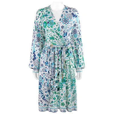 Pre-owned Pucci Emilio  C.1970's Two-toned Gradient Floral Mock Wrap Dress Emblem Belt In Blue