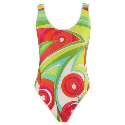 Pre-owned Pucci Emilio  C.1970s Multicolor Op Art High-cut One Piece Snap Bodysuit Swimsuit In Green