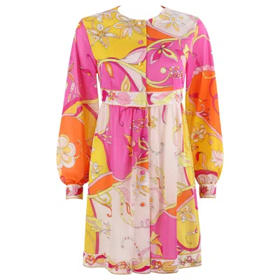 Pre-owned Pucci Emilio  C.1970s Multicolor Silk Floral Pattern Button Down Babydoll Dress In Sand
