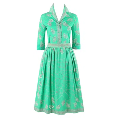 Pre-owned Pucci Emilio  C.1976 "chad" Print 2 Pc Green Cotton Shirt Skirt Dress Set