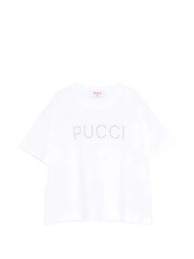 Pucci Emilio  Embellished Logo T-shirt - Girl's Short Sleeve Round Neck In White