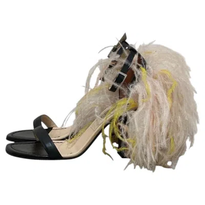 Pre-owned Pucci Emilio  Feathered Strap High Block Heel Sandals Sz. 39 In Brown
