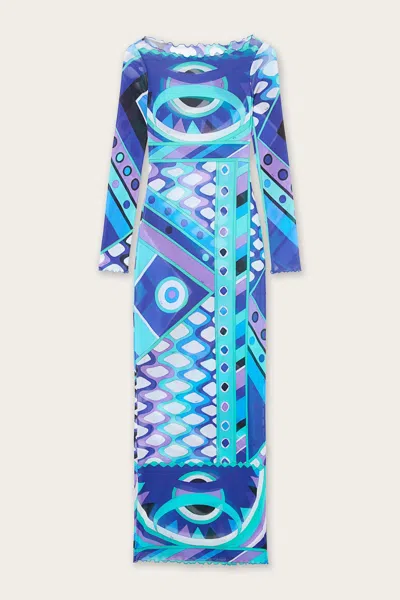 Pucci Emilio  Fitted Boat Neck Dress With All-over Print In Blue