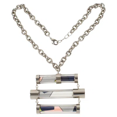 Pre-owned Pucci Emilio  Futuristic Silvered Metal And Silk Abstract Geometric Necklace In Multi