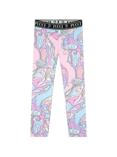 Pucci Emilio  Girl Abstract Print Logo Waistband Elastic Cotton Trousers In Pink