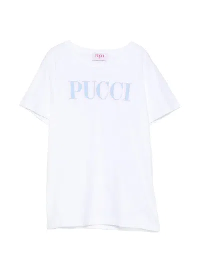 Pucci Emilio  Girl's Front Logo Crew Neck T-shirt In Bianco