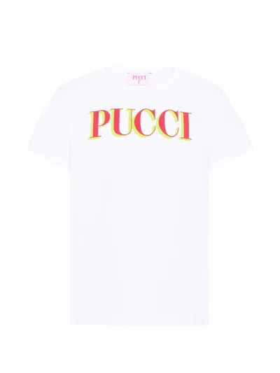 Pucci Emilio  Girl's Logo Crew Neck T-shirt In Bianco