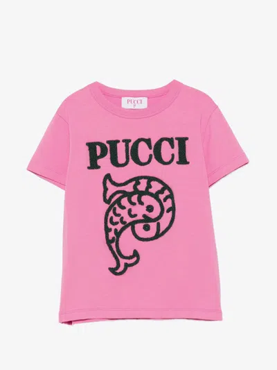 Pucci Emilio  Girls Crew Neck T-shirt With Embroidered Front Logo In Blue