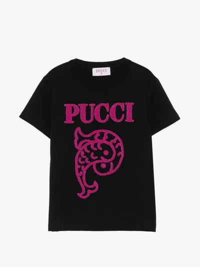Pucci Emilio  Girls Embroidered Crew Neck T-shirt In 100% Cotton In Black