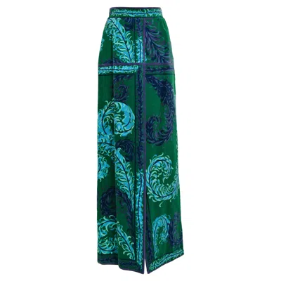 Pre-owned Pucci Emilio  Green & Blue Velvet Hostess Maxi Skirt With Feather Print