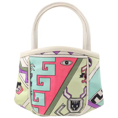 Pre-owned Pucci Emilio  Jana C.1960 "idolo" Signature Print Silk & Leather Top Handle Purse In Sand