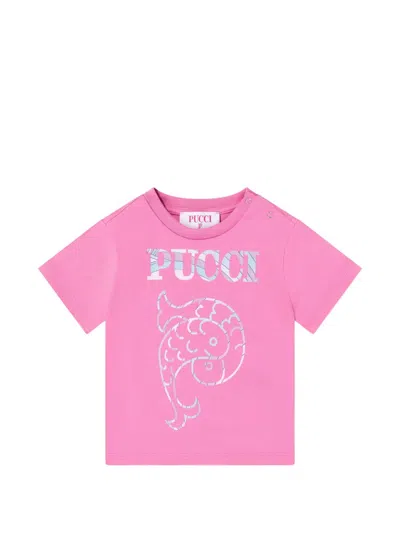 Pucci Emilio  Kids Graphic Crew Neck T-shirt With Shoulder Press-stud Fastening In Fucsia