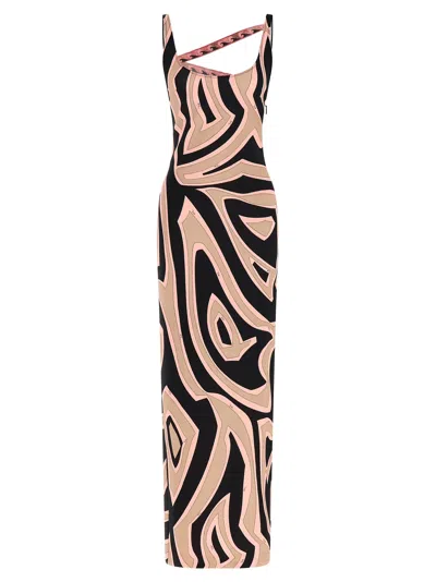 Pucci Labirinto Print Dress Asymmetric Strap Maxi In Multi