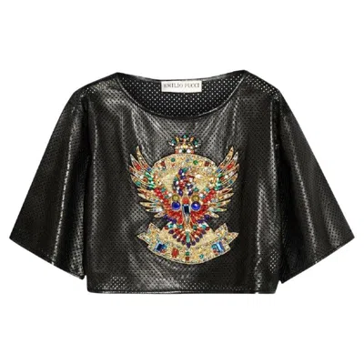 Pre-owned Pucci Emilio  Leather Jeweled Embellished Crop Top As Seen On Jlo Italian 44 In Black