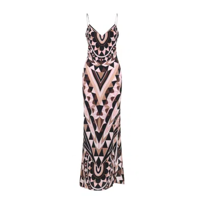 Pucci Silk Long Dress Signature Print Straps In Brown