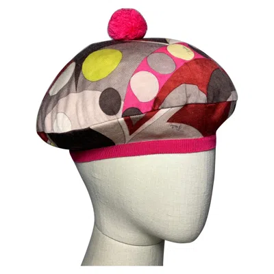 Pre-owned Pucci Emilio  Merino Wool Knit Mod Print Beret W Pompom In Sand