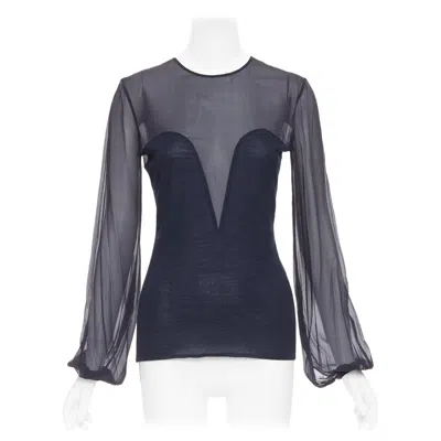Pre-owned Pucci Emilio  Navy Virgin Wool Silk Trim Contour Sheer Billow Blouse M In Blue
