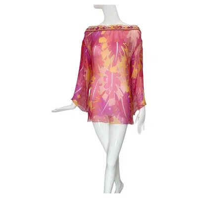 Pre-owned Pucci Emilio  Pink Print Sheer Silk Chiffon Tunic Top With Tropical Foliage 8
