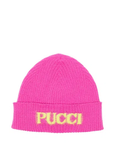 Pucci Emilio  Ribbed Knit Beanie With Intarsia Logo And Turn-up Brim In Pink